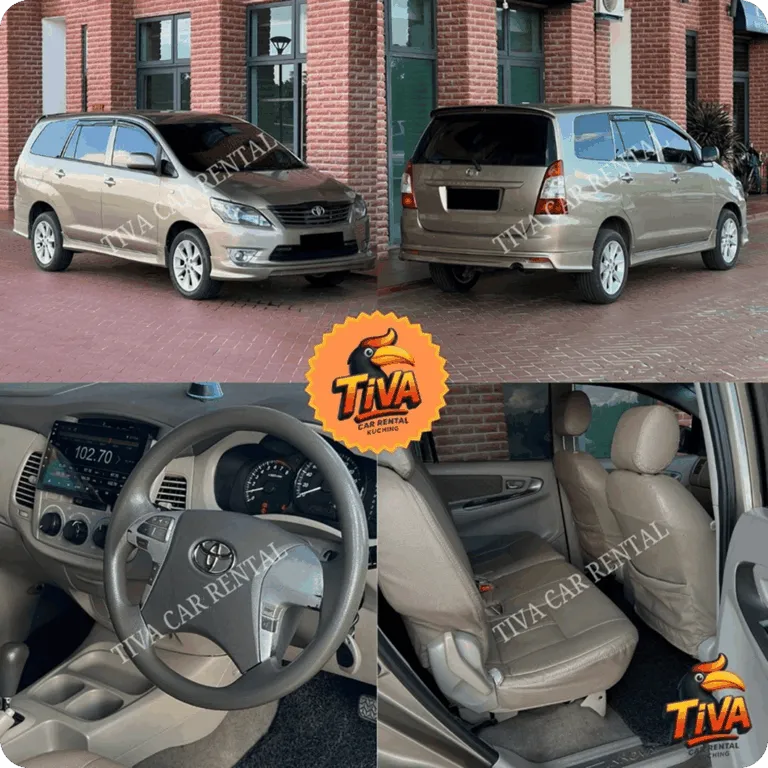 Beige Toyota MPV rental collage featuring exterior, dashboard, and rear passenger views.