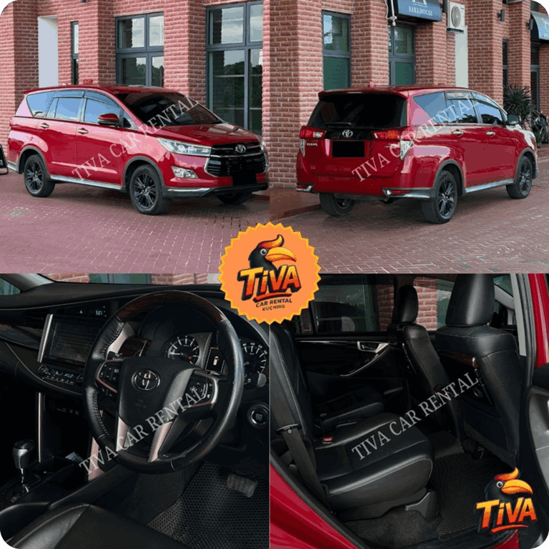Red Toyota MPV rental collage featuring front, rear, dashboard, and passenger seat views.