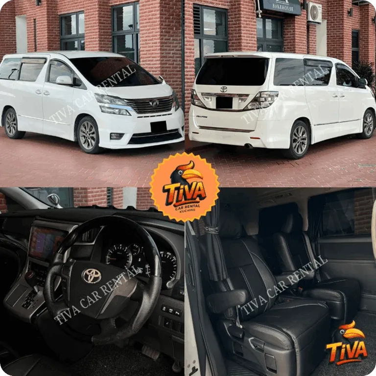 White Toyota MPV rental collage featuring exterior, steering wheel, and premium cabin seating views.
