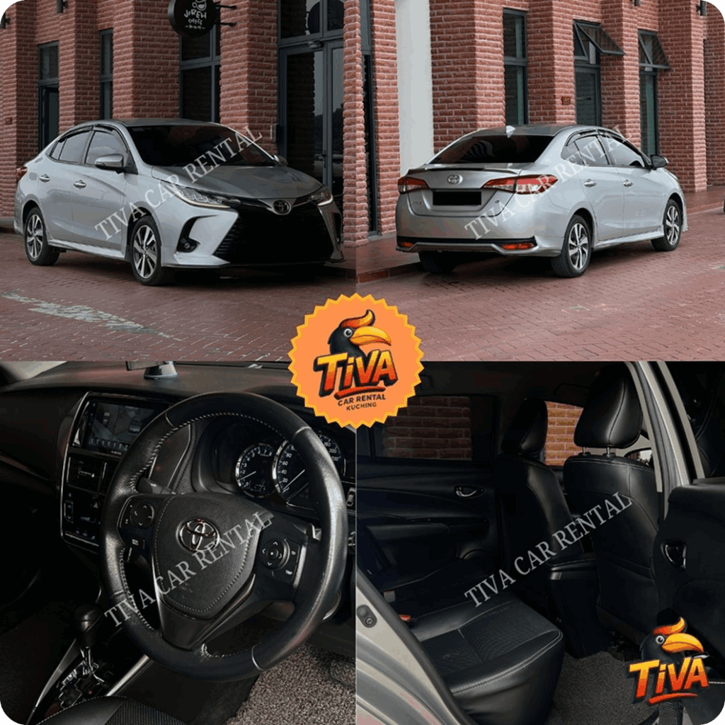 Silver Toyota sedan rental collage showing exterior and interior views.