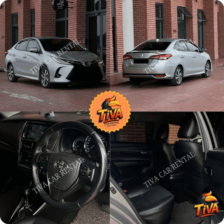 Silver Toyota sedan rental collage showing exterior and interior views.