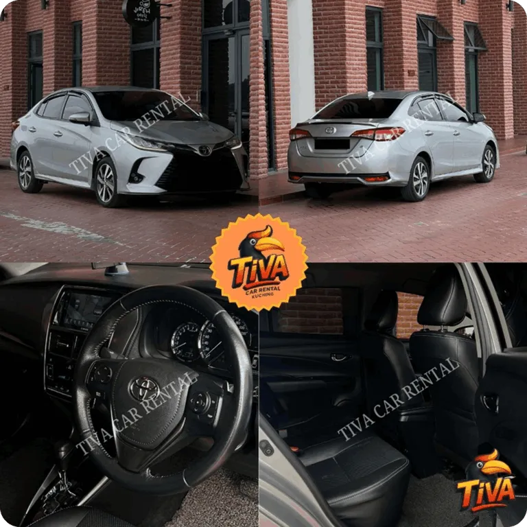 Silver Toyota sedan rental collage showing exterior and interior views.