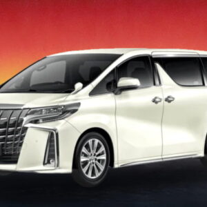 A white Toyota Alphard 2021 luxury MPV available for rental with Tiva Car Rental in Kuching.
