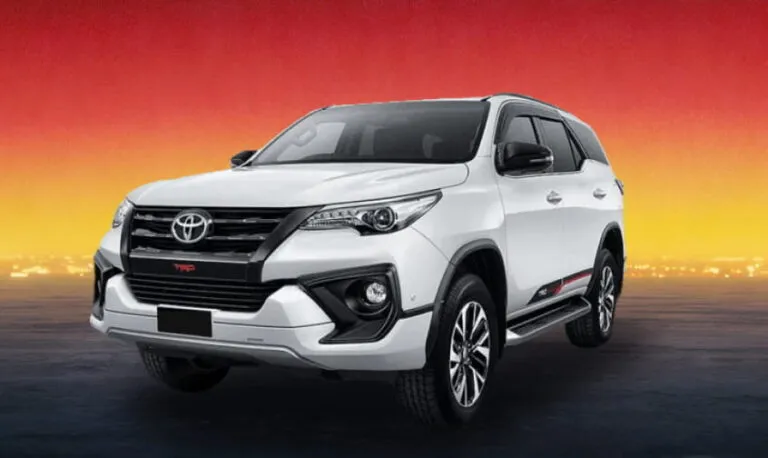 A white Toyota Fortuner 2020 SUV available to rent for family adventures in Kuching.