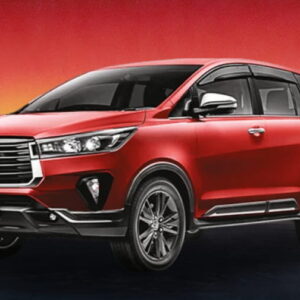 A red Toyota Innova 2020 seven seater MPV listed for rental in Kuching, Sarawak.