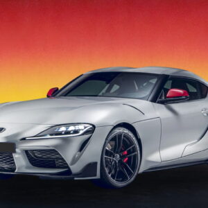 Silver Toyota Supra 2020 sports car against a sunset background, available for rental in Kuching