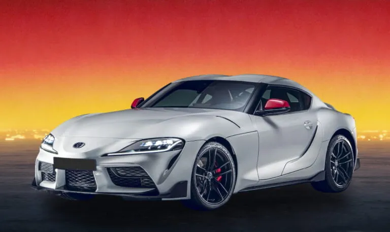 Silver Toyota Supra 2020 sports car against a sunset background, available for rental in Kuching