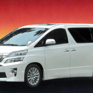 A white Toyota Vellfire 2012 parked and listed for affordable MPV rental in Kuching.