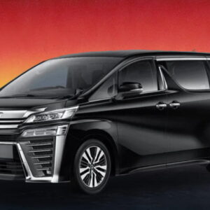 The Toyota Vellfire 2013 in black, offered as a premium MPV rental in Kuching, Sarawak.