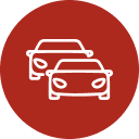 White rental car icon on a red circle, symbolizing value for money and high maintenance standards.