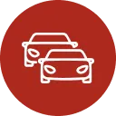 White rental car icon on a red circle, symbolizing value for money and high maintenance standards.