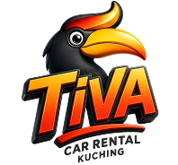 Tiva Car Rental Kuching logo with stylized hornbill icon and bold orange text.