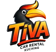 Tiva Car Rental Kuching logo with stylized hornbill icon and bold orange text.