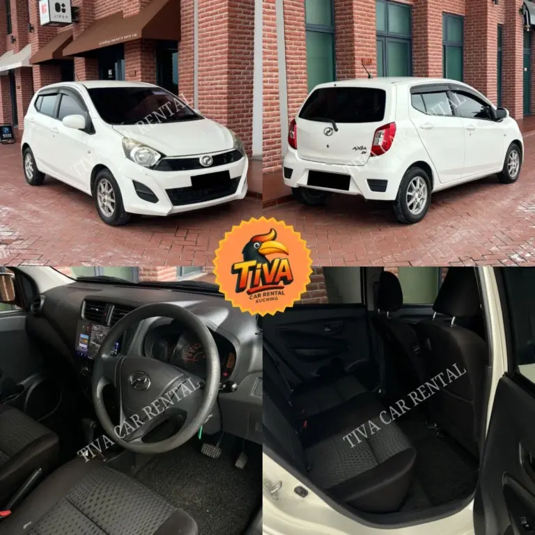 White Axia rental collage featuring exterior, dashboard, and rear passenger views.