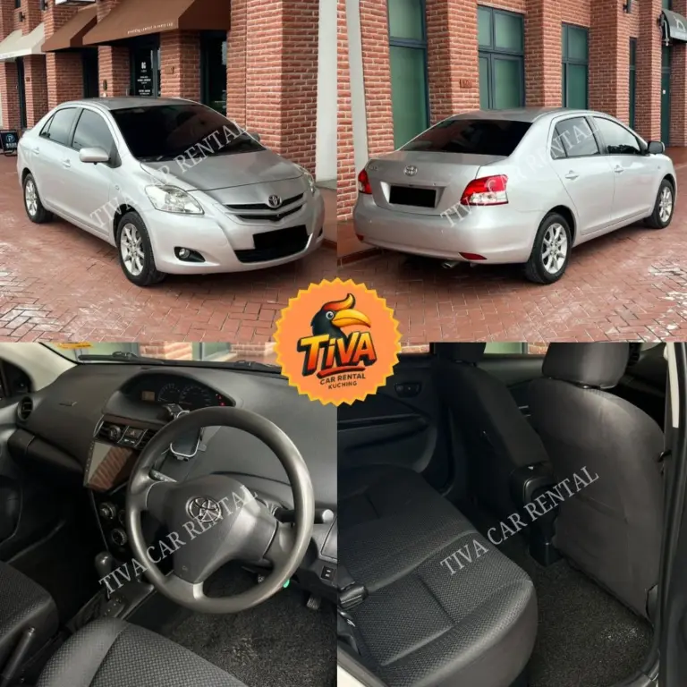 Silver Toyota vios rental collage featuring exterior, dashboard, and rear passenger views.