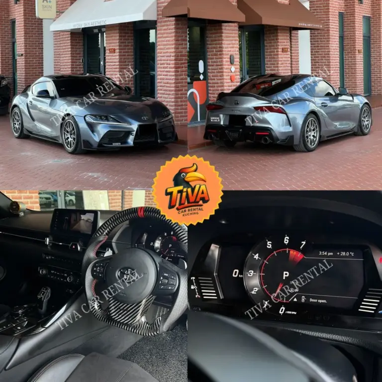 Toyota Supra rental collage featuring exterior, dashboard, and rear passenger views.