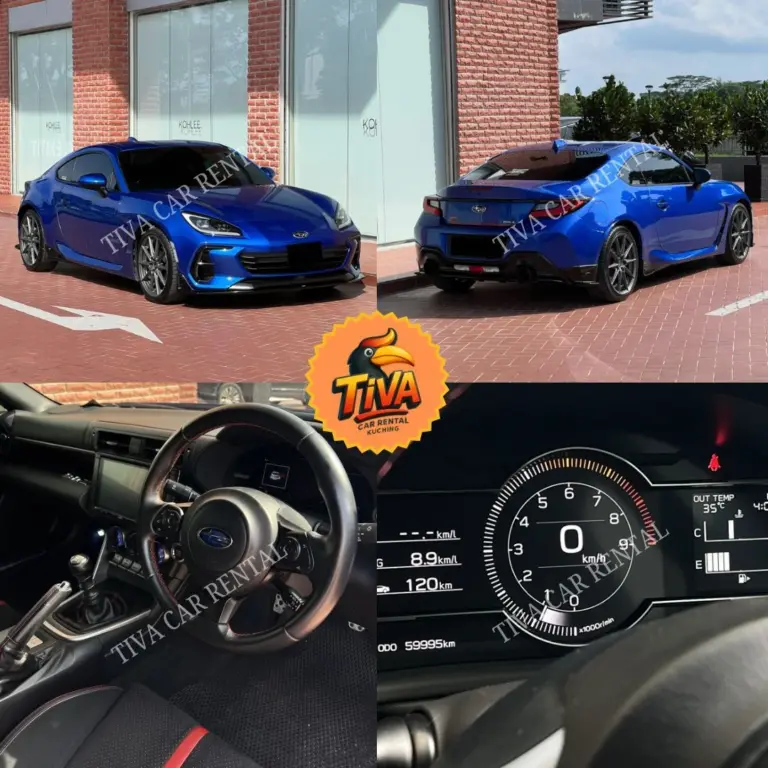 Blue Subaru BRZ rental collage featuring exterior, dashboard, and rear passenger views.